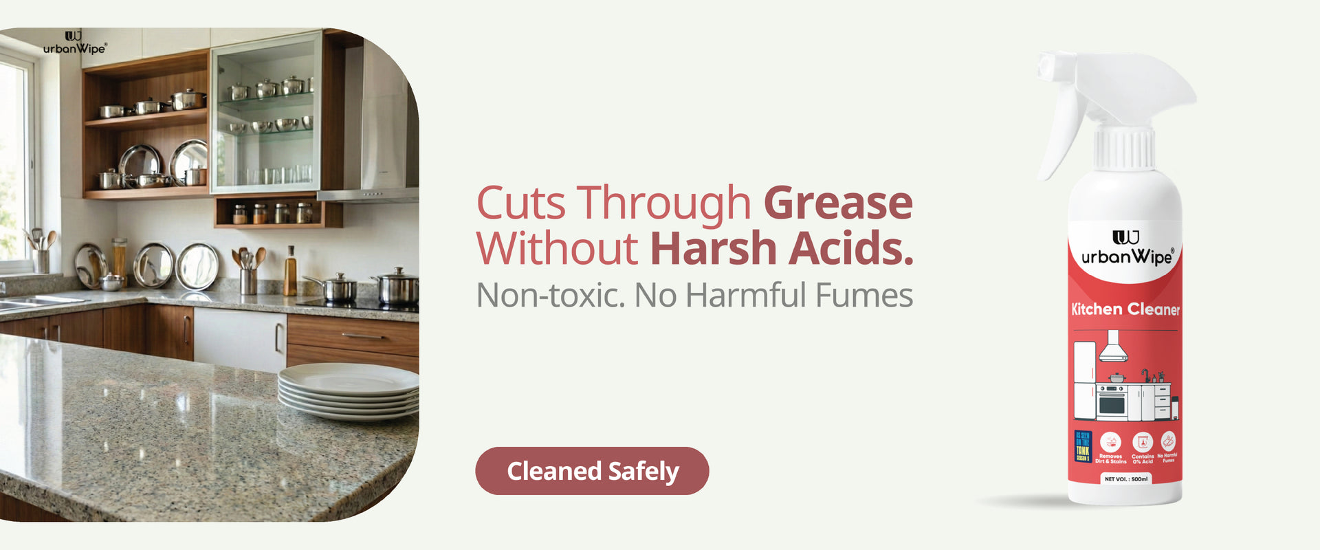 Acid-free non-toxic kitchen cleaner spray safe for daily use on stoves and countertops
